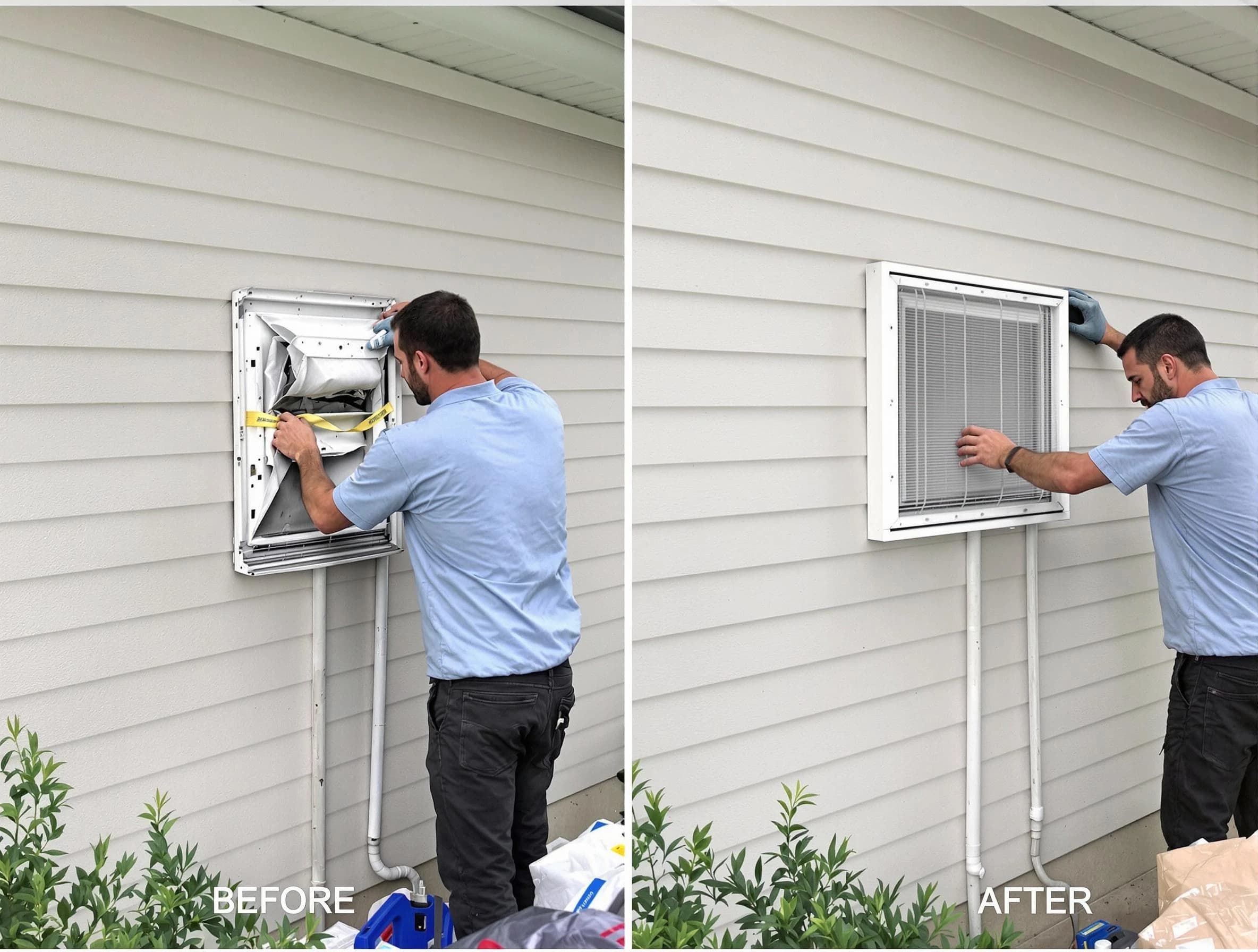 Marietta Dryer Vent Cleaning technician installing high-quality dryer vent cover at a residential property in Marietta