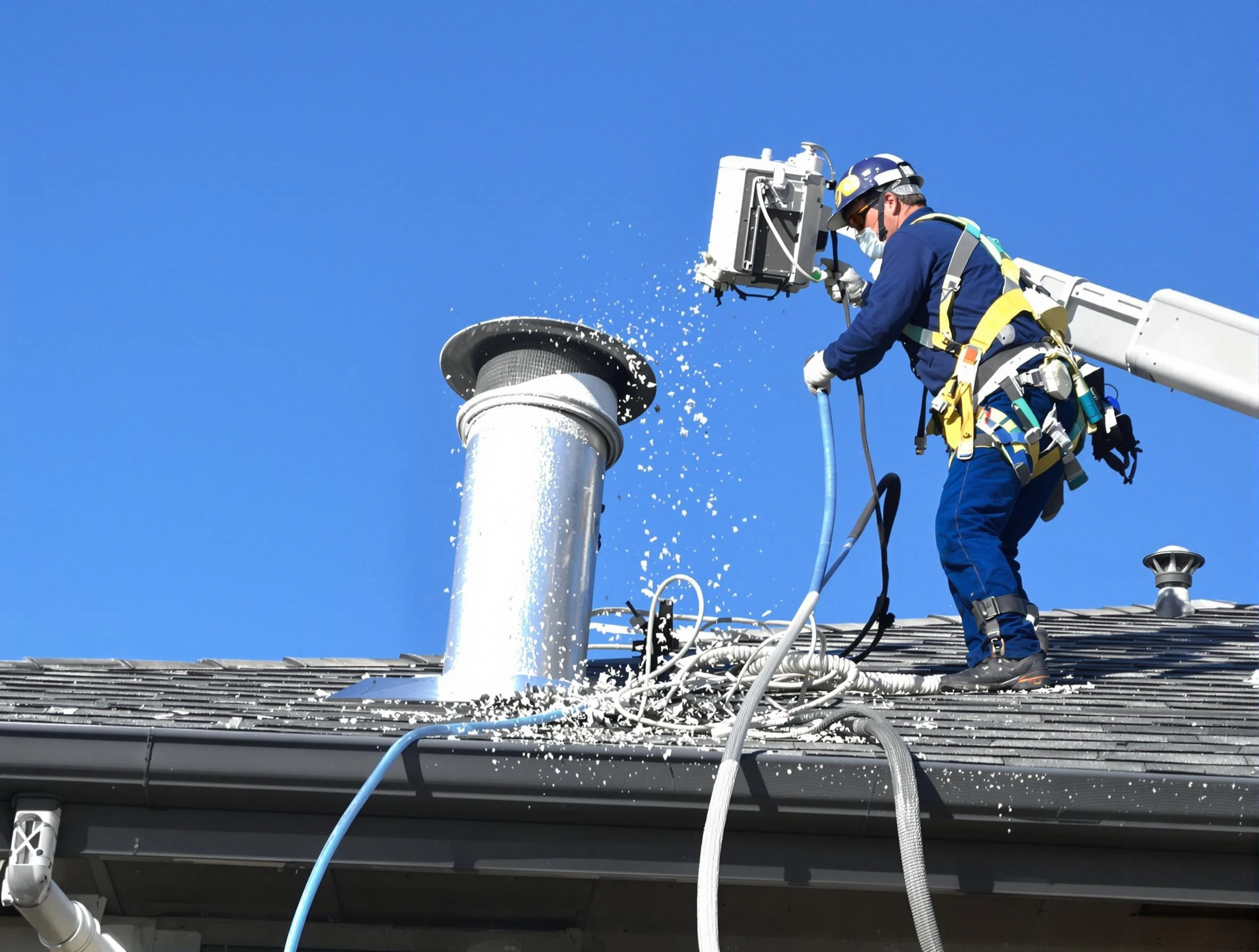 Marietta Dryer Vent Cleaning certified technician safely cleaning a roof-mounted dryer vent in Marietta